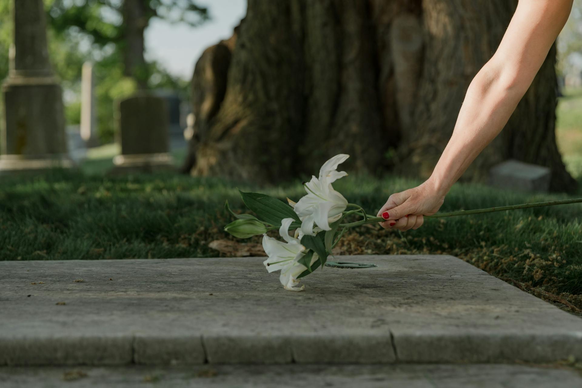 Una mujer poniendo flores en una tumba | Fuente: Pexels