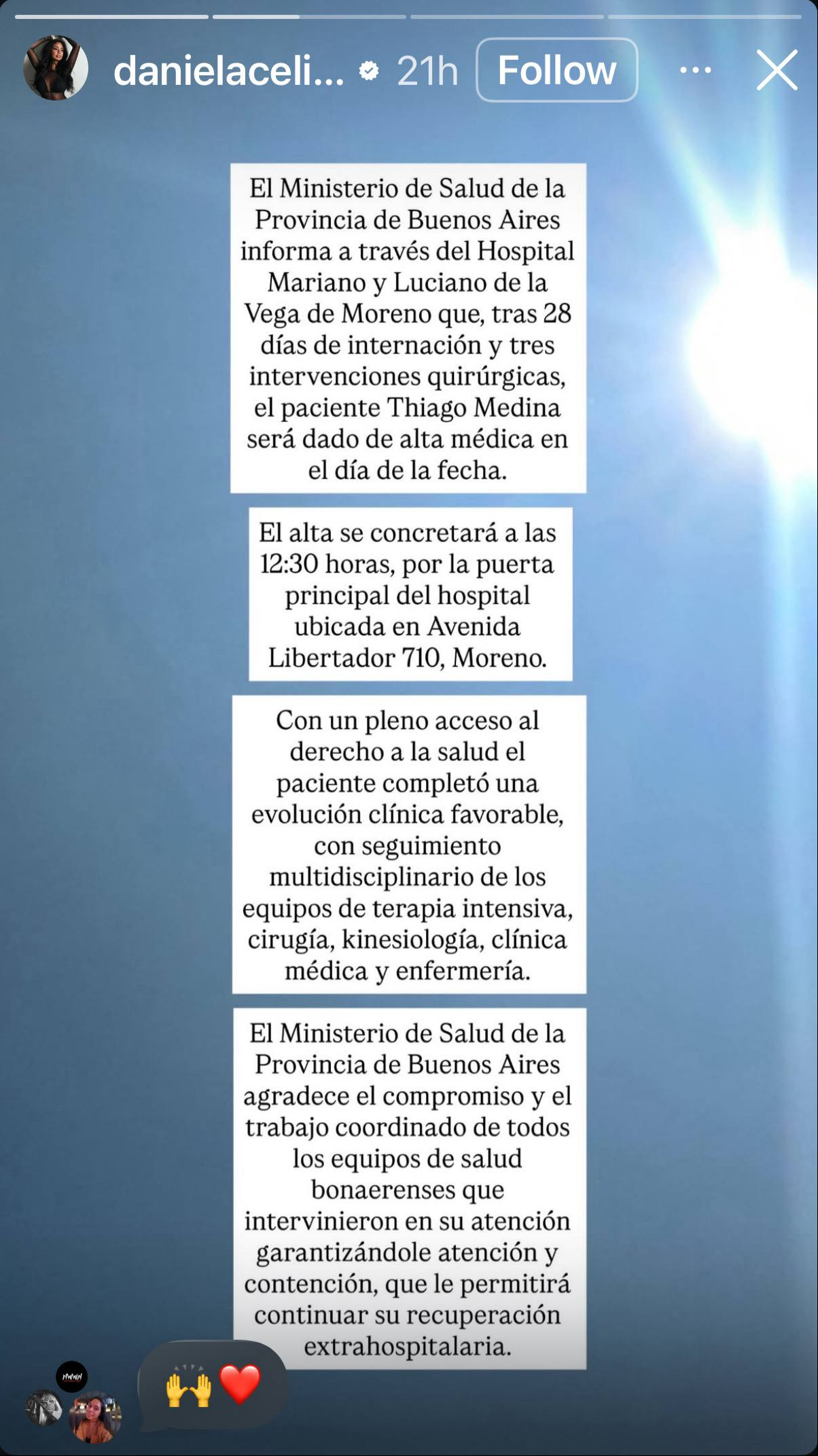 Comunicado compartido por Daniela Celis sobre la salud y el alta de su ex, Thiago Medina | Fuente: Instagram Stories/danielacelis01