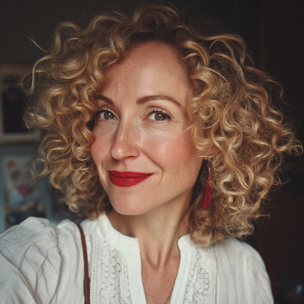Una mujer sonriente con el pelo rizado | Fuente: Midjourney