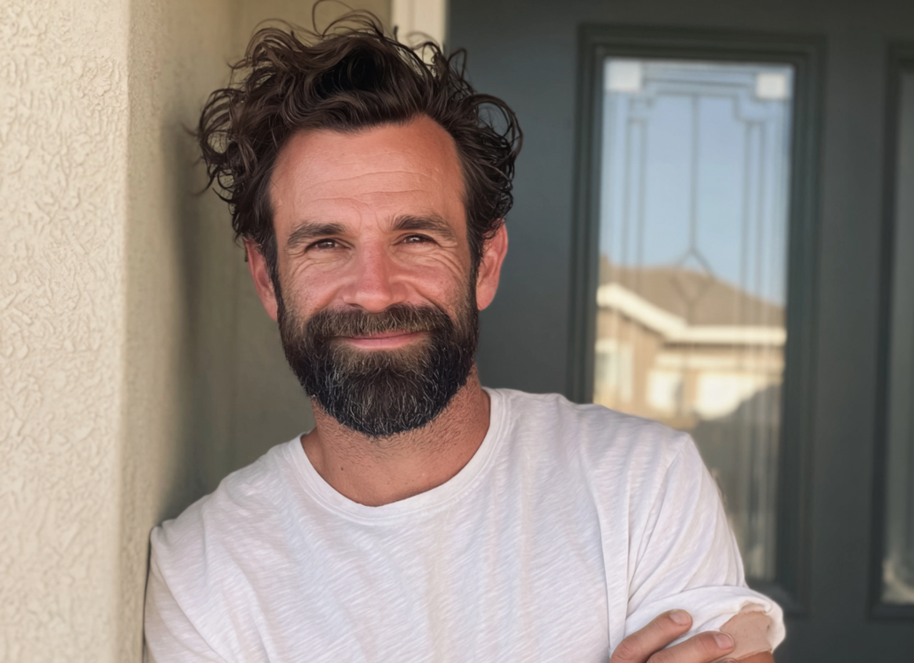 Un hombre sonriente con una camiseta blanca | Fuente: Midjourney