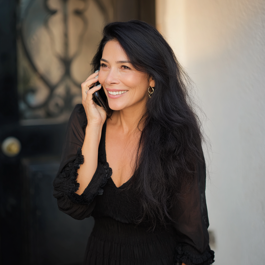 Una mujer sonriente hablando por teléfono | Fuente: Midjourney