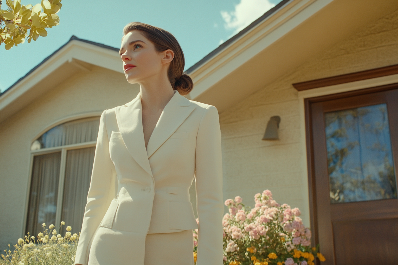 Una mujer de pie frente a su casa | Fuente: Midjourney