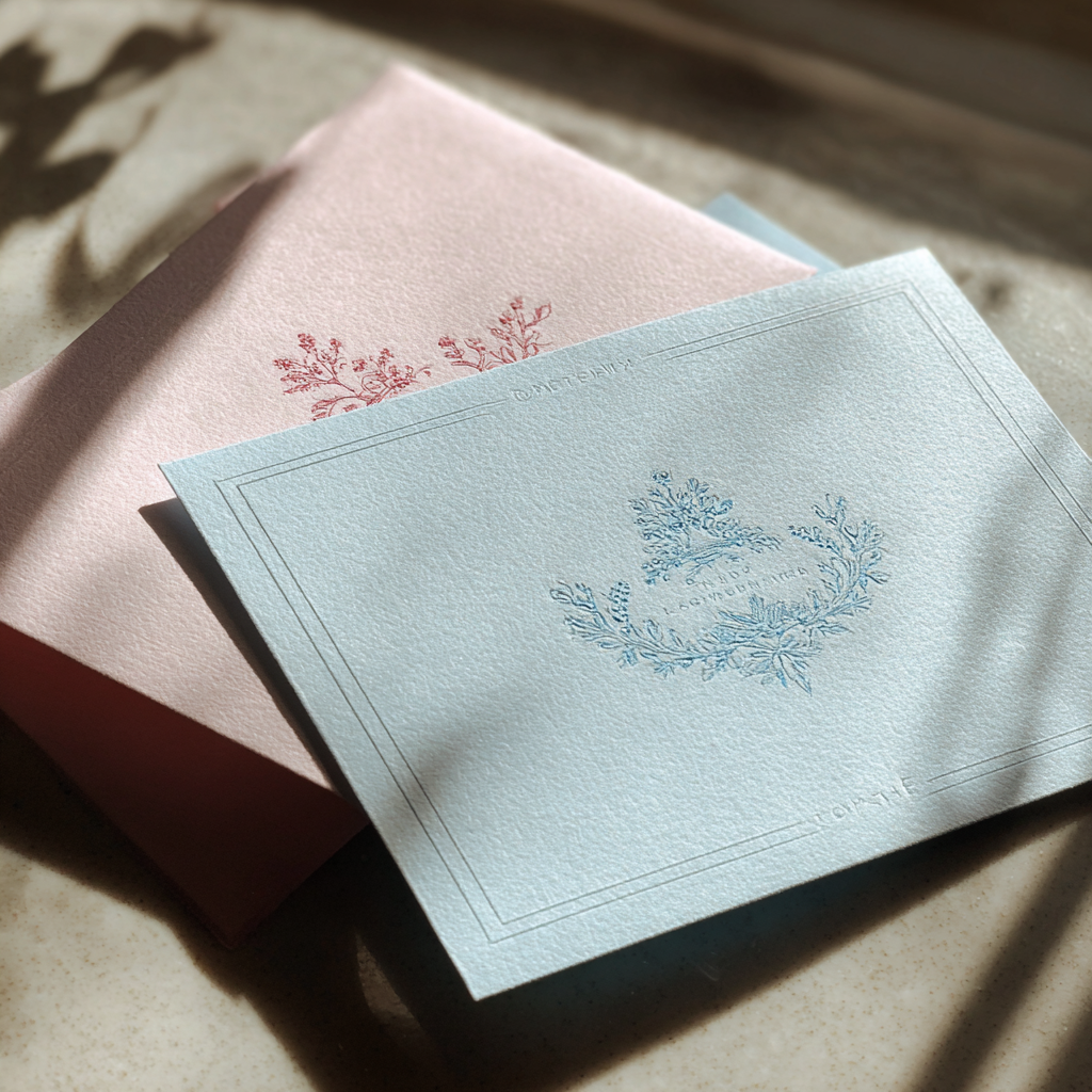 Invitaciones de baby shower en tonos pastel sobre una mesa | Fuente: Midjourney