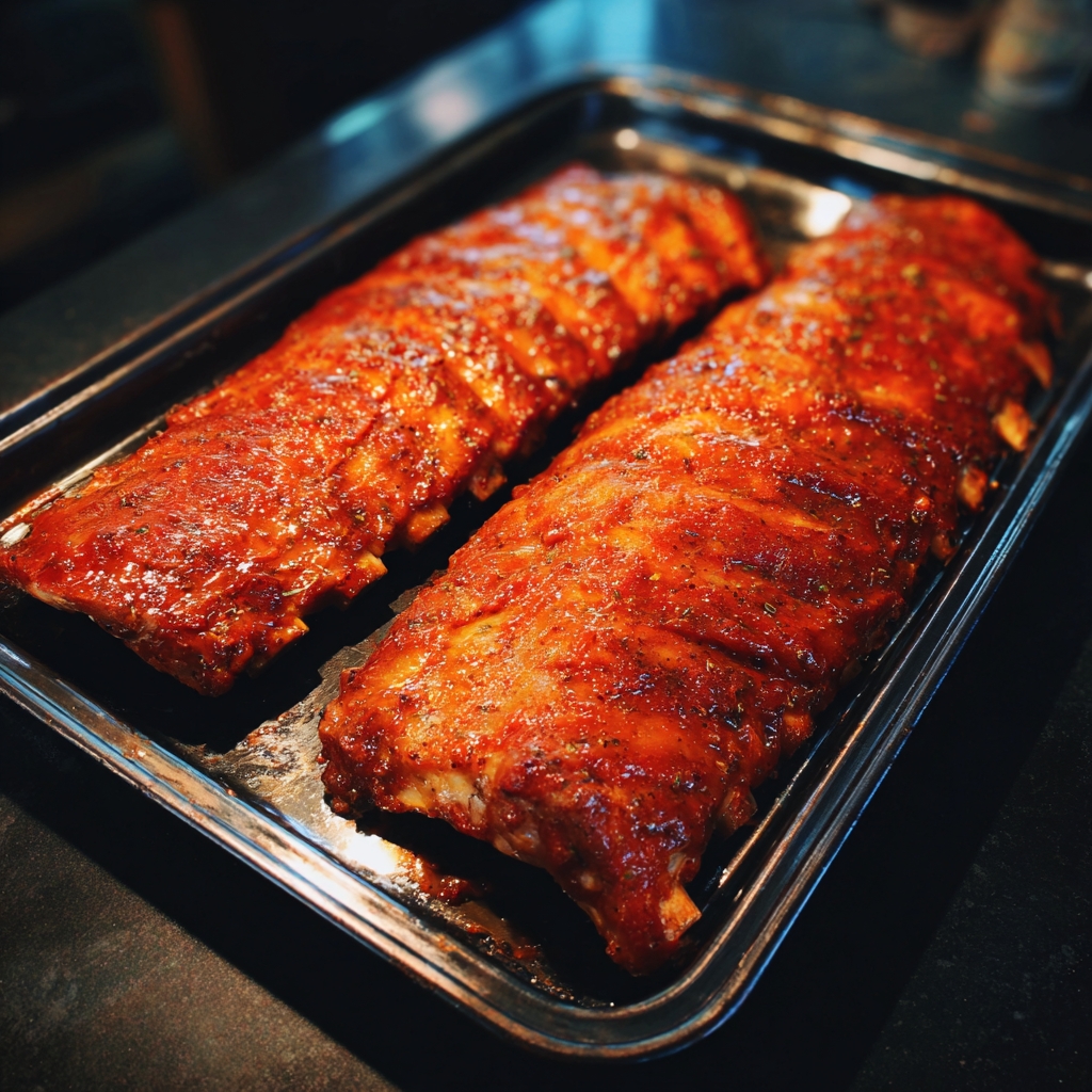 Costillas marinándose en una bandeja | Fuente: Midjourney