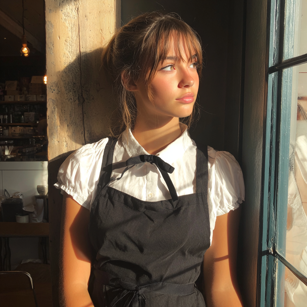 Una chica con una camisa blanca y un delantal negro | Fuente: Midjourney