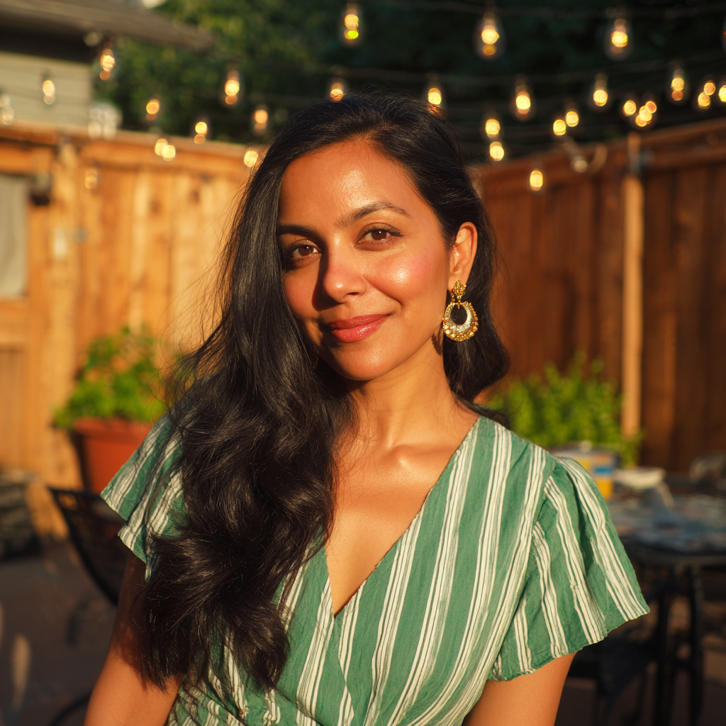 Una mujer sonriente de pie en un patio | Fuente: Midjourney