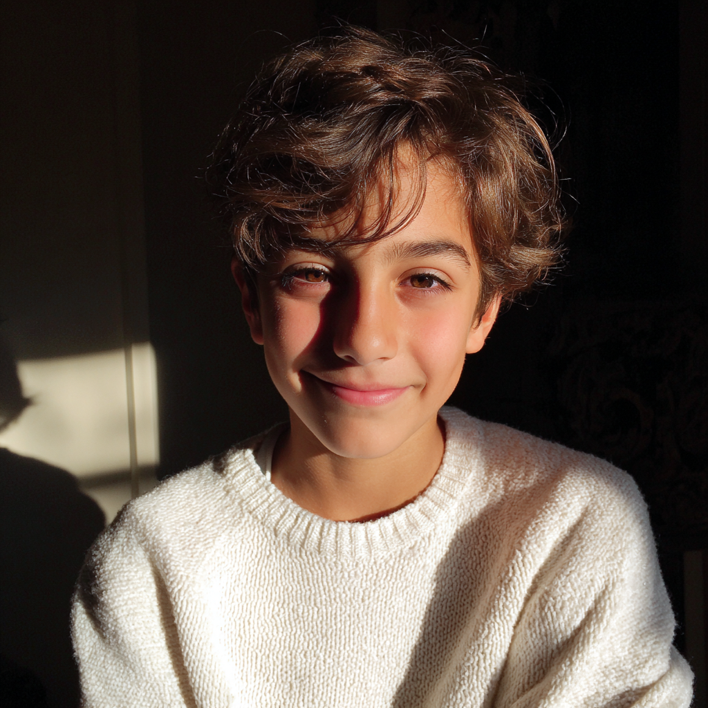 Un niño sonriente con un suéter blanco | Fuente: Midjourney