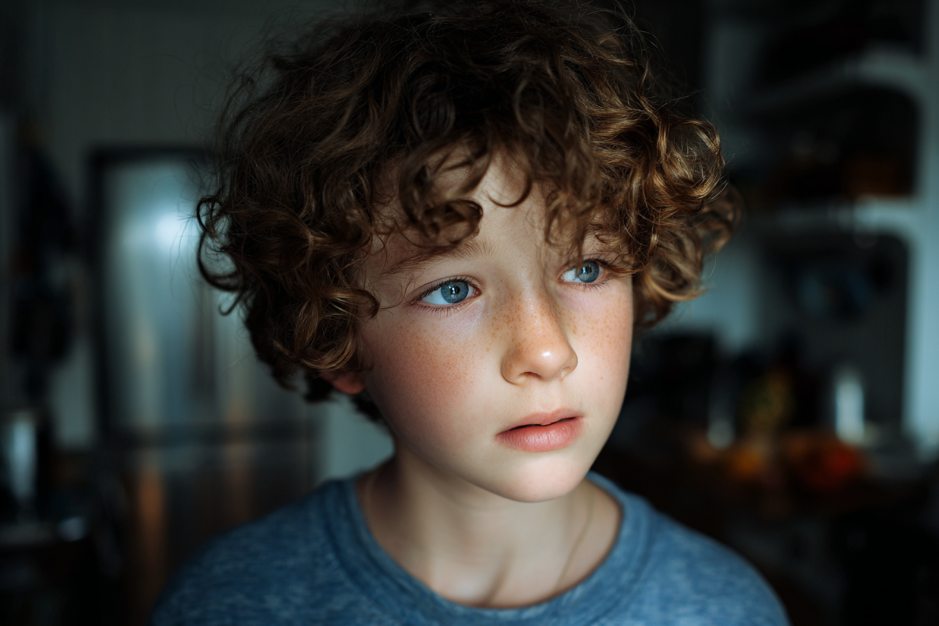 Un niño de aspecto triste hablando con alguien | Fuente: Midjourney
