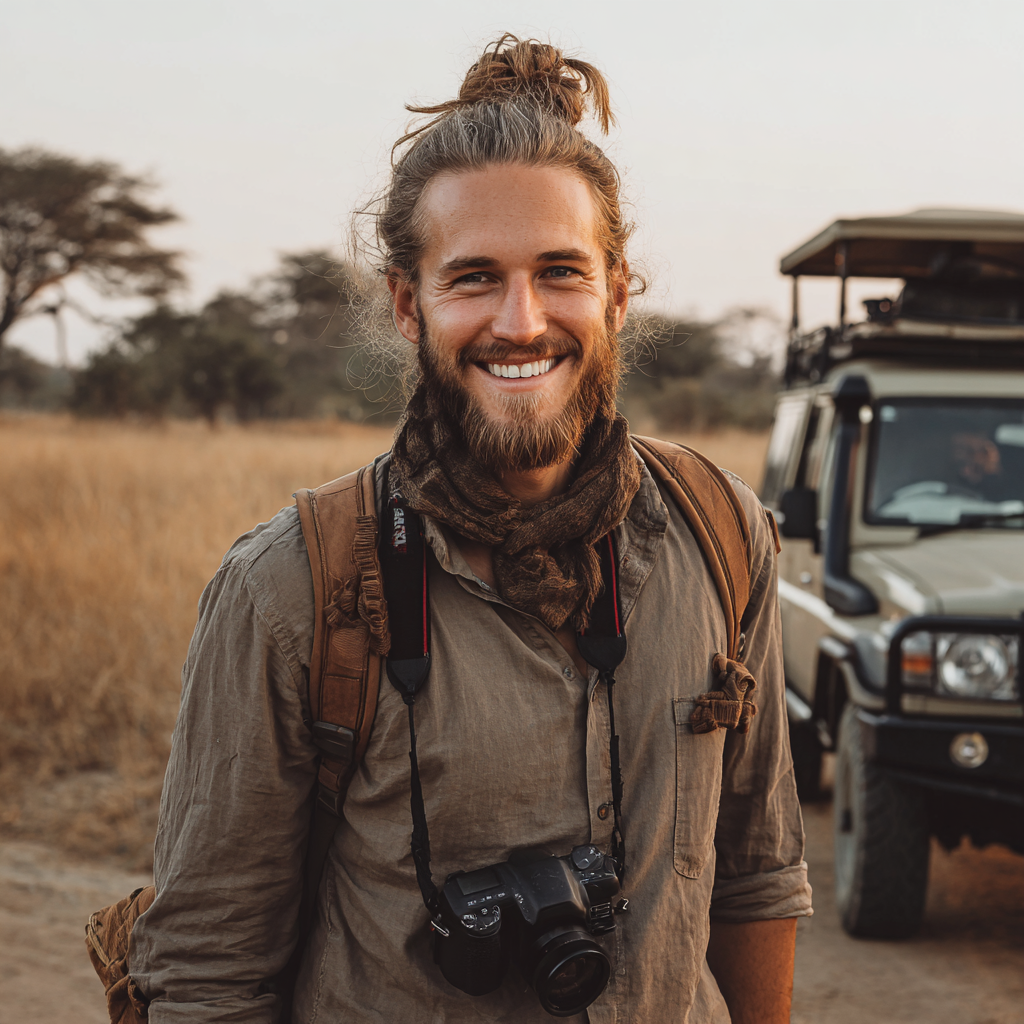 Un hombre sonriente en un safari | Fuente: Midjourney