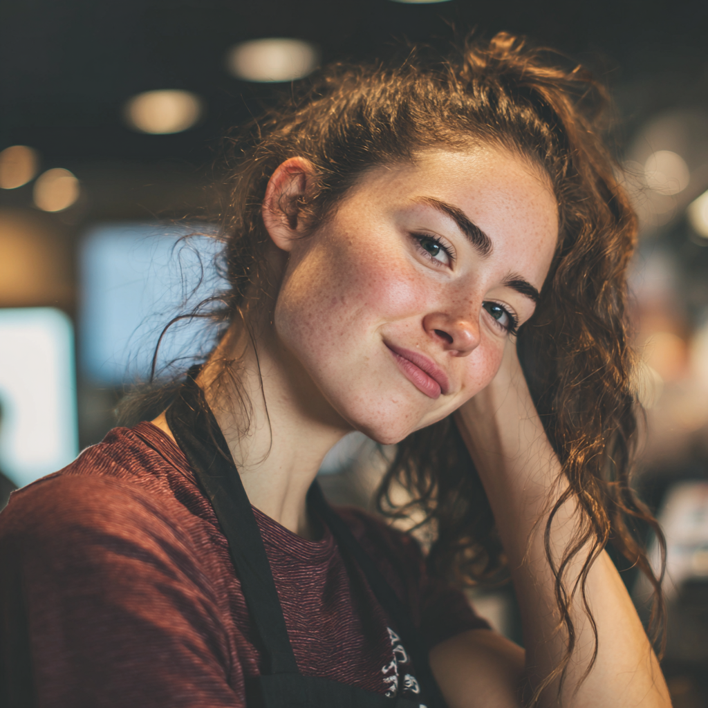 Una mujer sonriente de pie en una cafetería | Fuente: Midjourney
