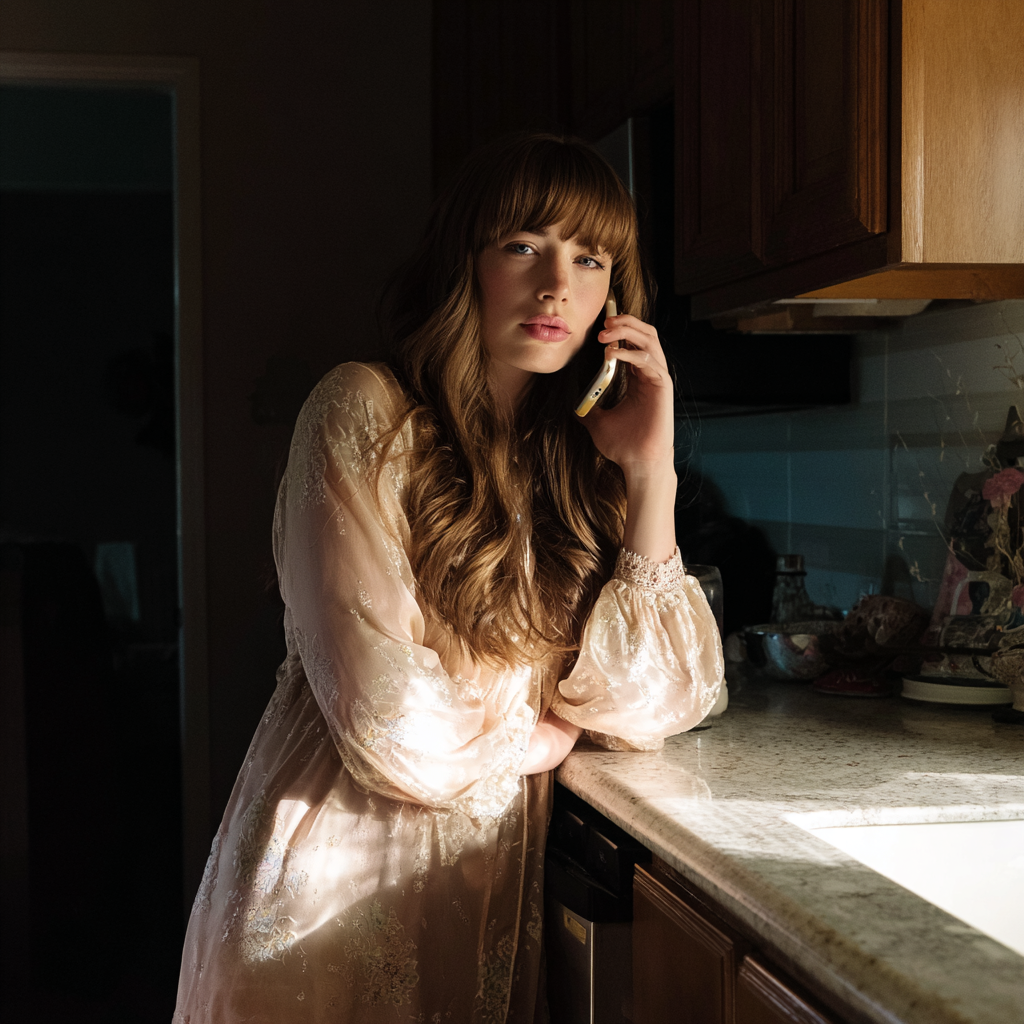 Una mujer apoyada en la encimera de una cocina | Fuente: Midjourney