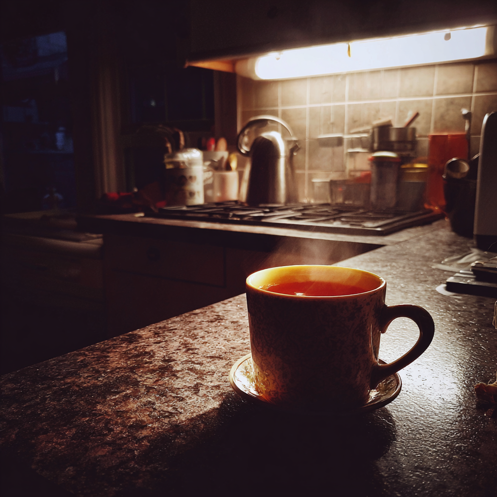 Una taza de té en la encimera de una cocina | Fuente: Midjourney