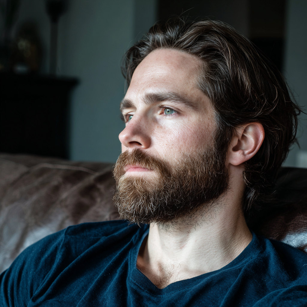 Primer plano de un hombre con camiseta azul marino | Fuente: Midjourney