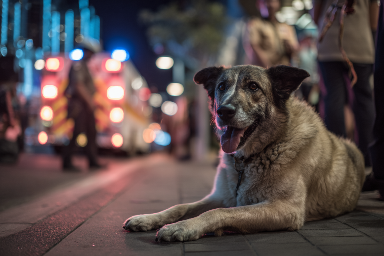 Un perro sentado en la calle | Fuente: Midjourney