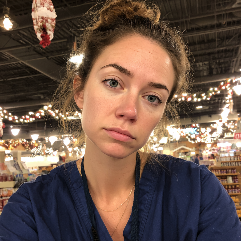 Una enfermera cansada con bata | Fuente: Midjourney