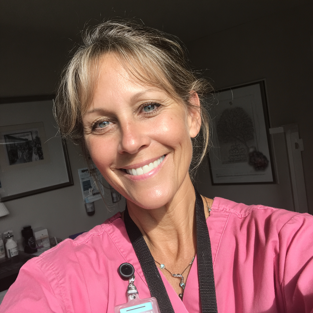 Un médico sonriente con bata rosa | Fuente: Midjourney