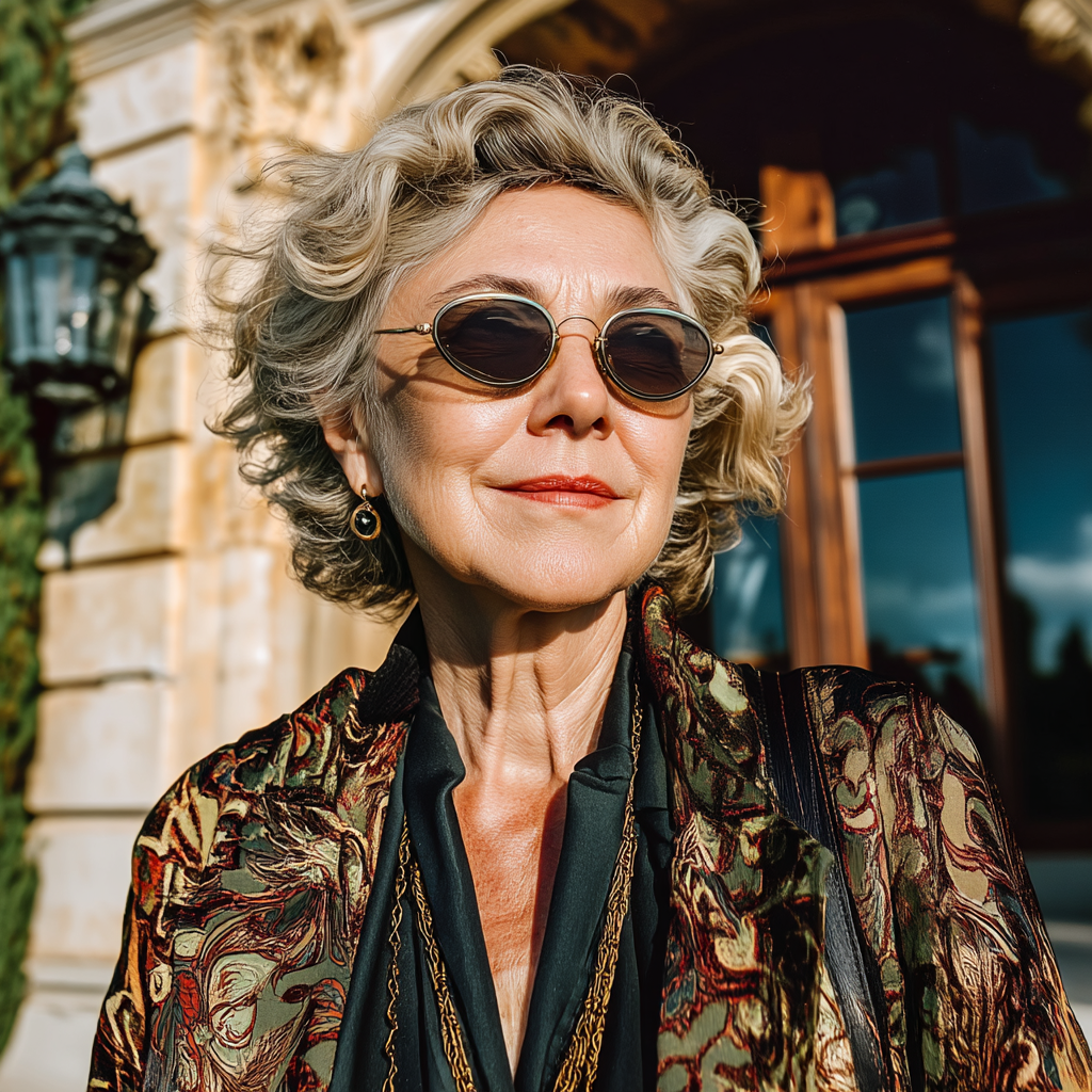 Una mujer sonriendo mientras está de pie en la entrada de su casa | Fuente: Midjourney