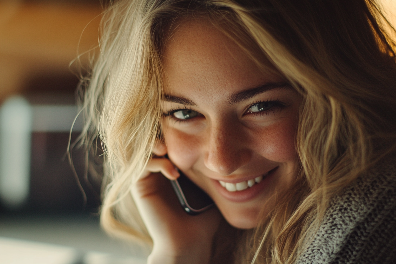 Una mujer sonríe pícaramente mientras habla por teléfono | Fuente: Midjourney