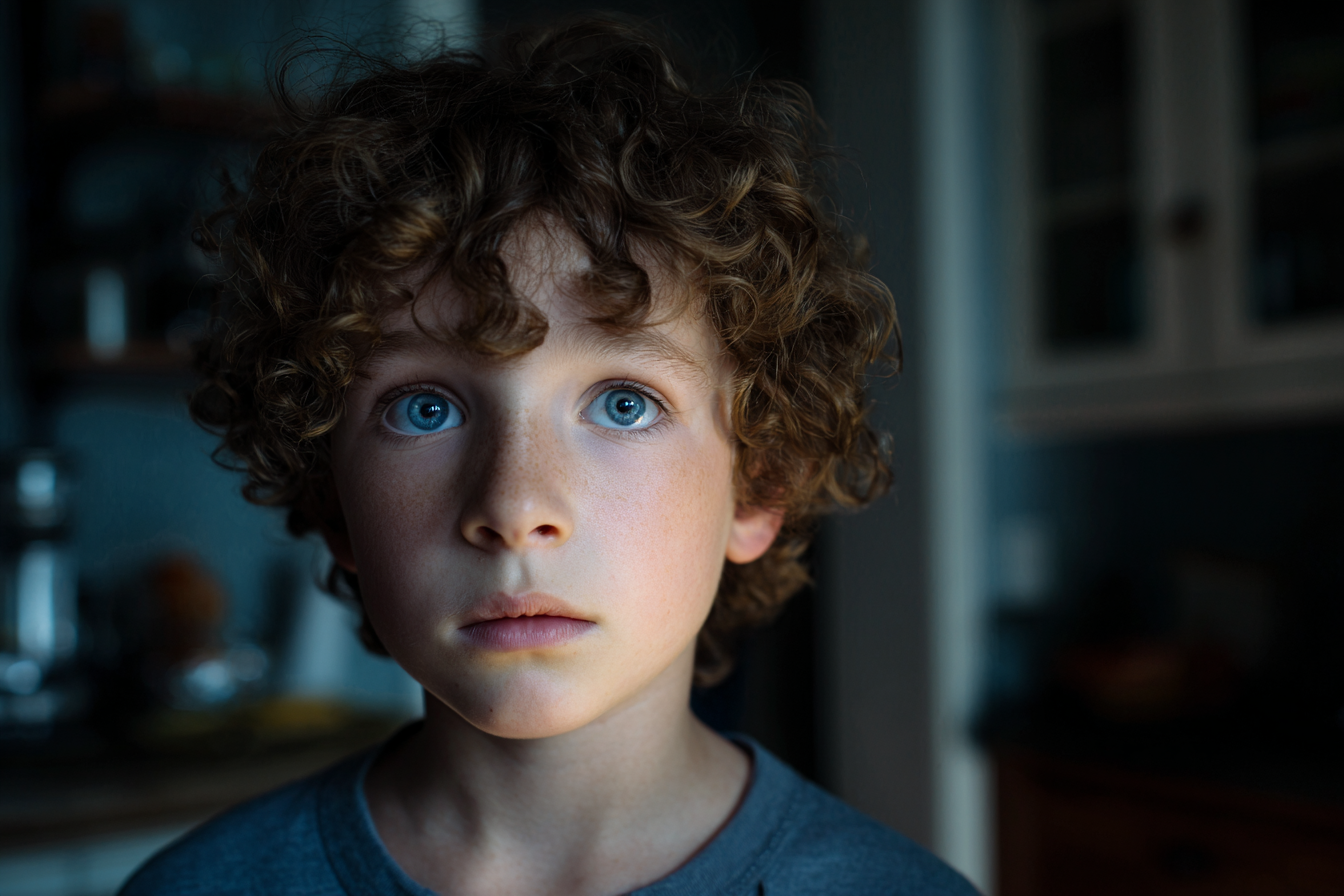 Un niño de aspecto triste de pie en una cocina | Fuente: Midjourney
