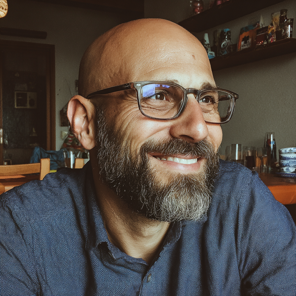 Un hombre sonriente sentado a una mesa | Fuente: Midjourney