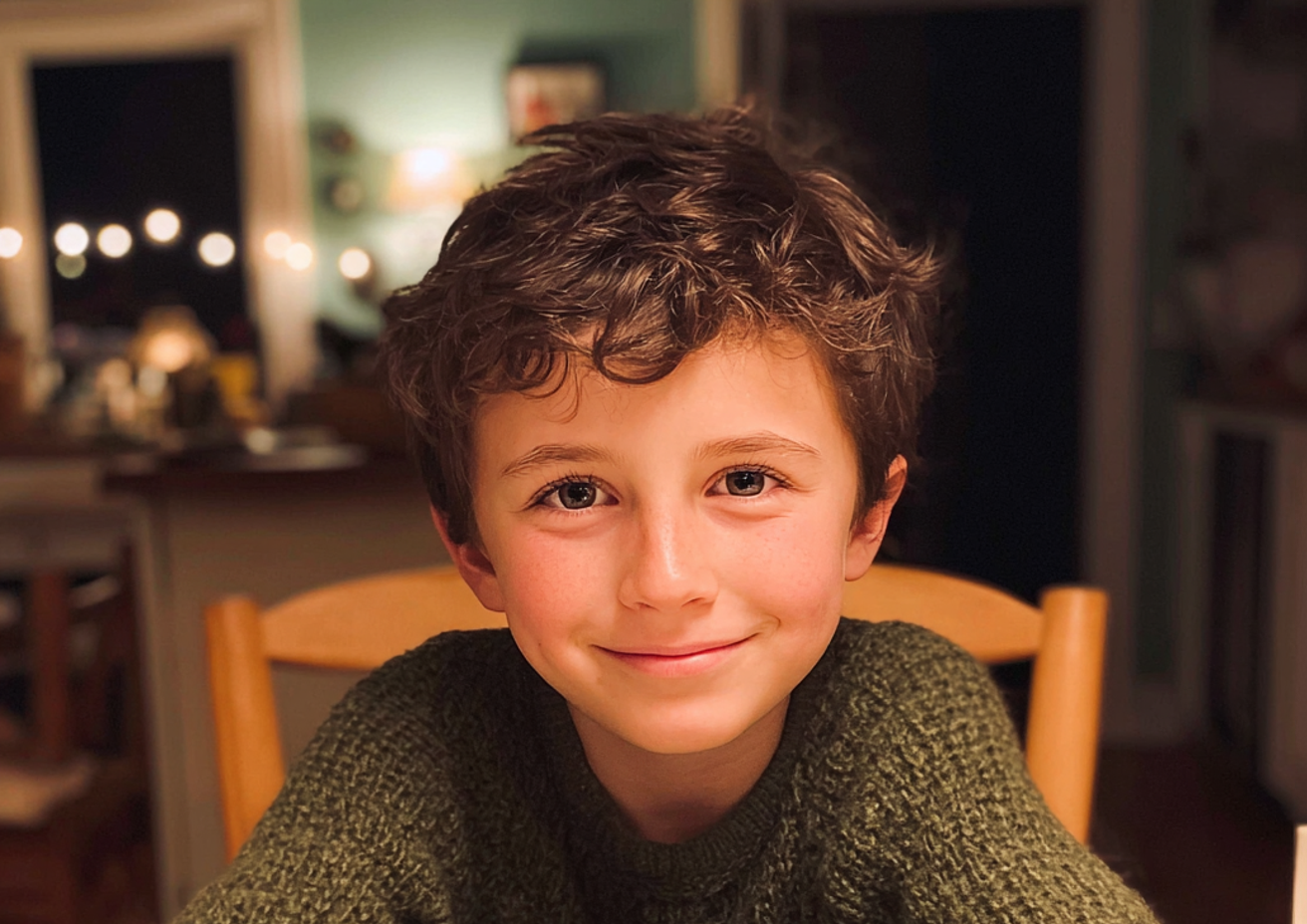 Un niño sonriente sentado a la mesa del comedor | Fuente: Midjourney