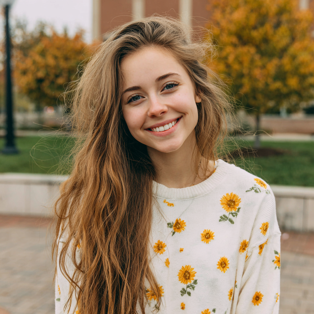 Una joven sonriente en el exterior | Fuente: Midjourney