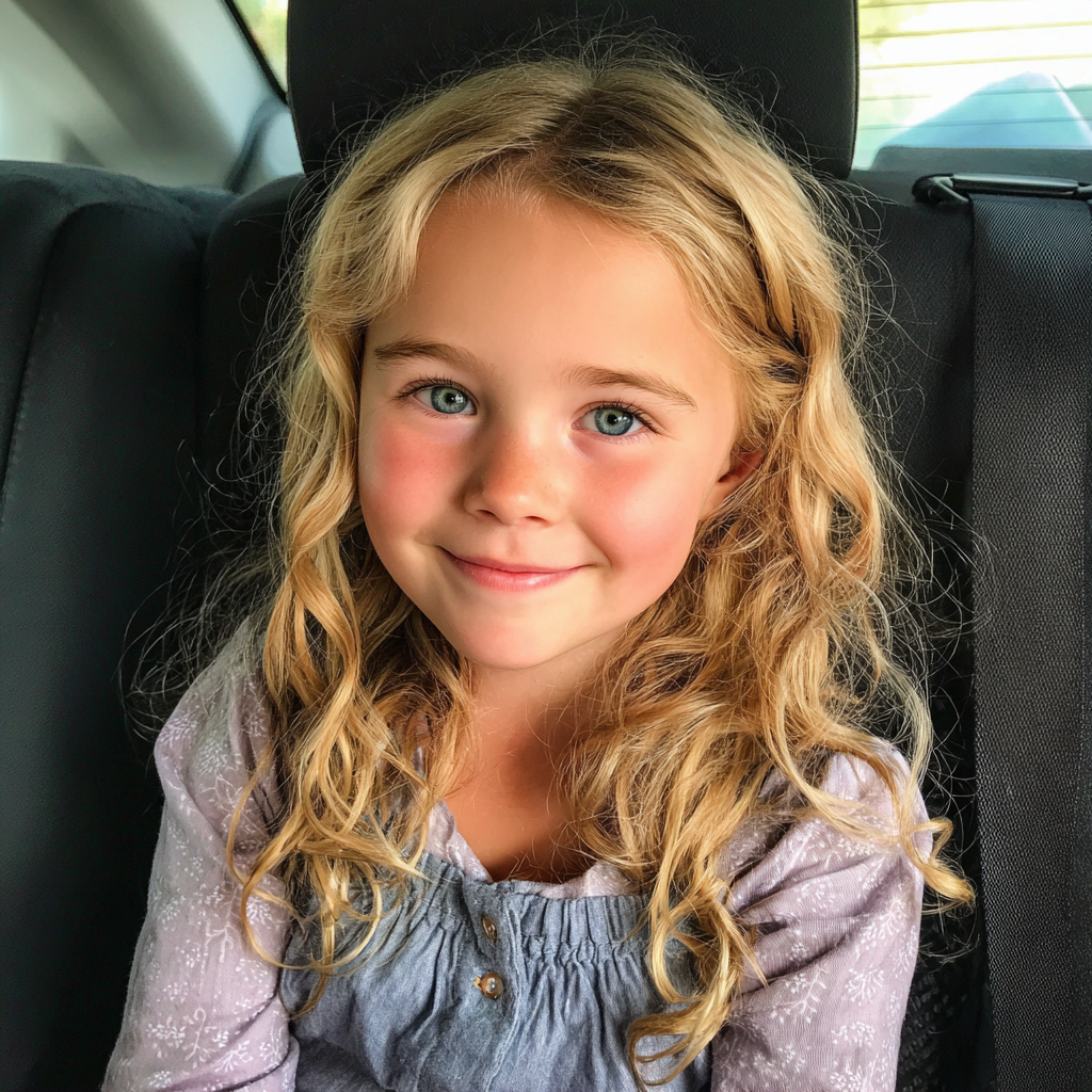 Una niña sonriente sentada en un automóvil | Fuente: Midjourney