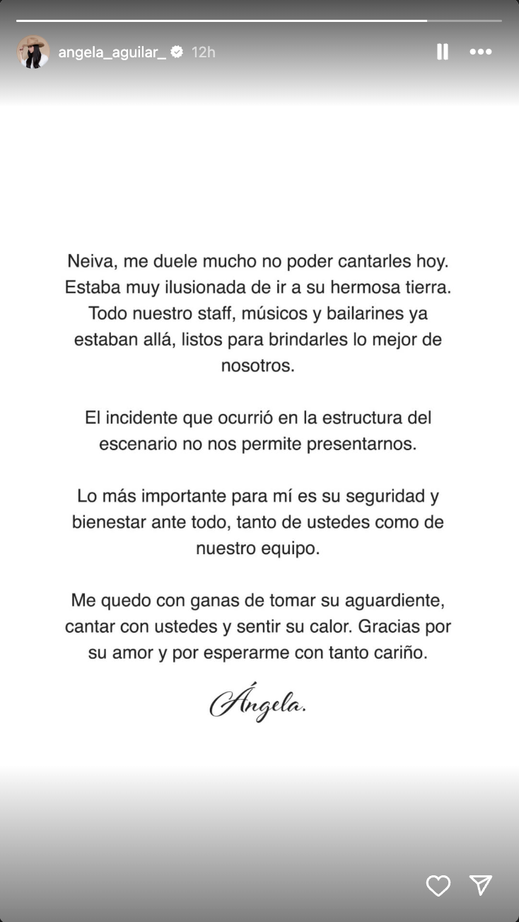 Mensaje de Ángela Aguilar a sus fans sobre la cancelación de su concierto | Fuente: Instagram Stories/angela_aguilar_