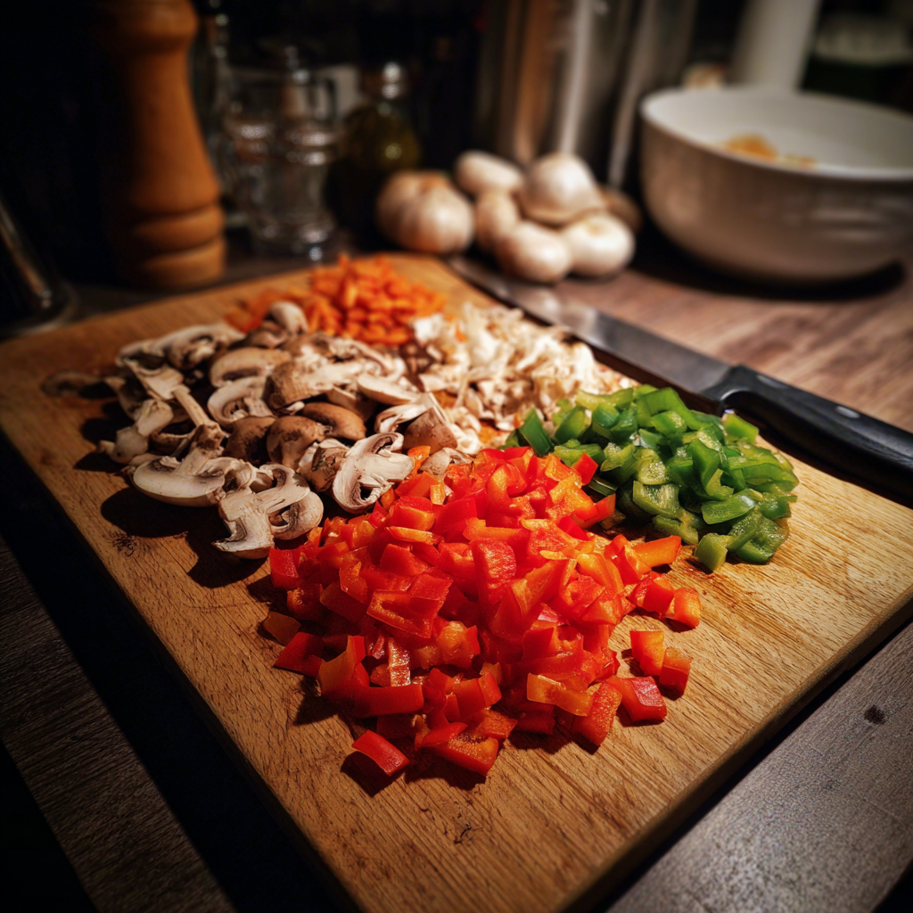 Verduras picadas sobre una tabla de madera | Fuente: Midjourney