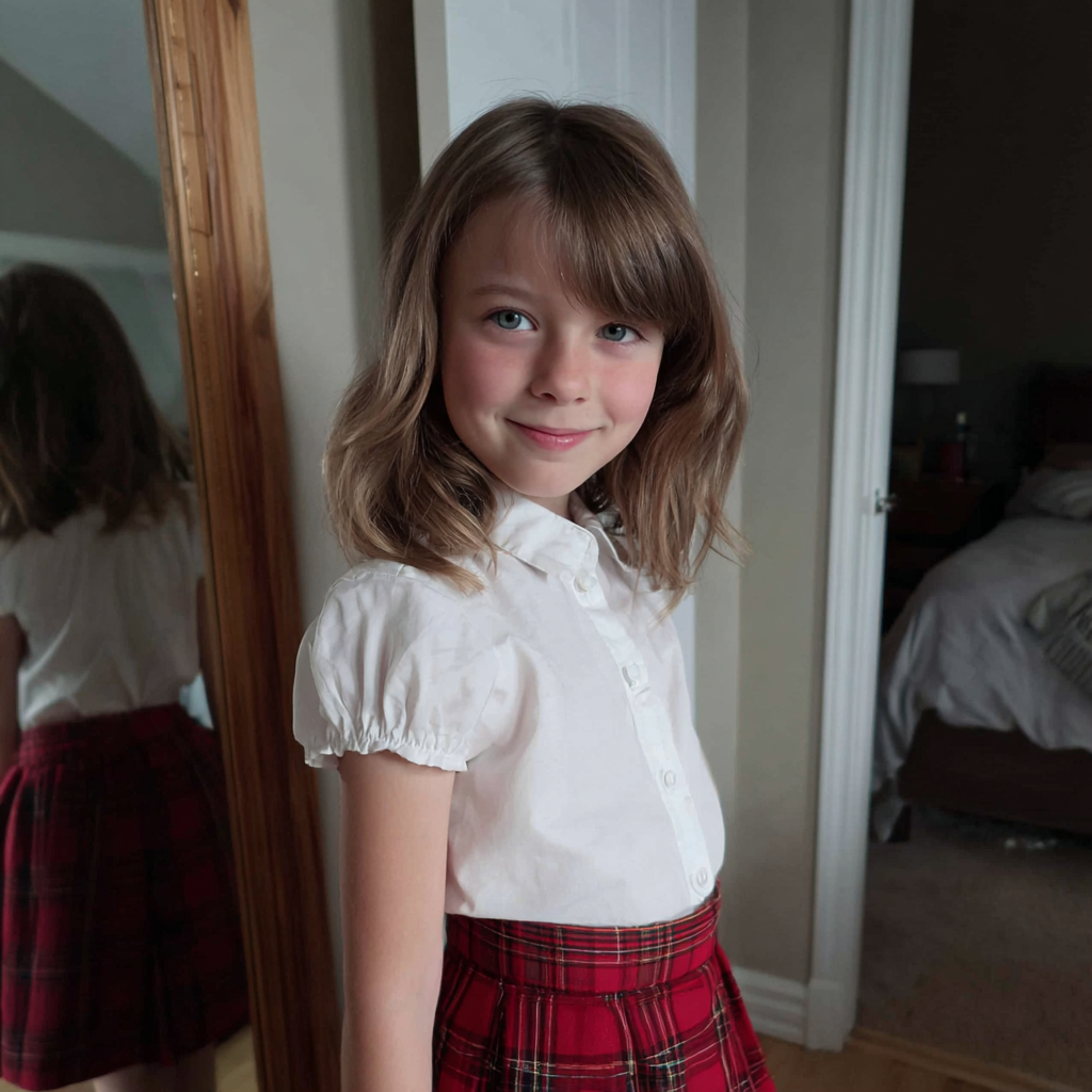 Una niña sonriente con una falda de cuadros escoceses | Fuente: Midjourney