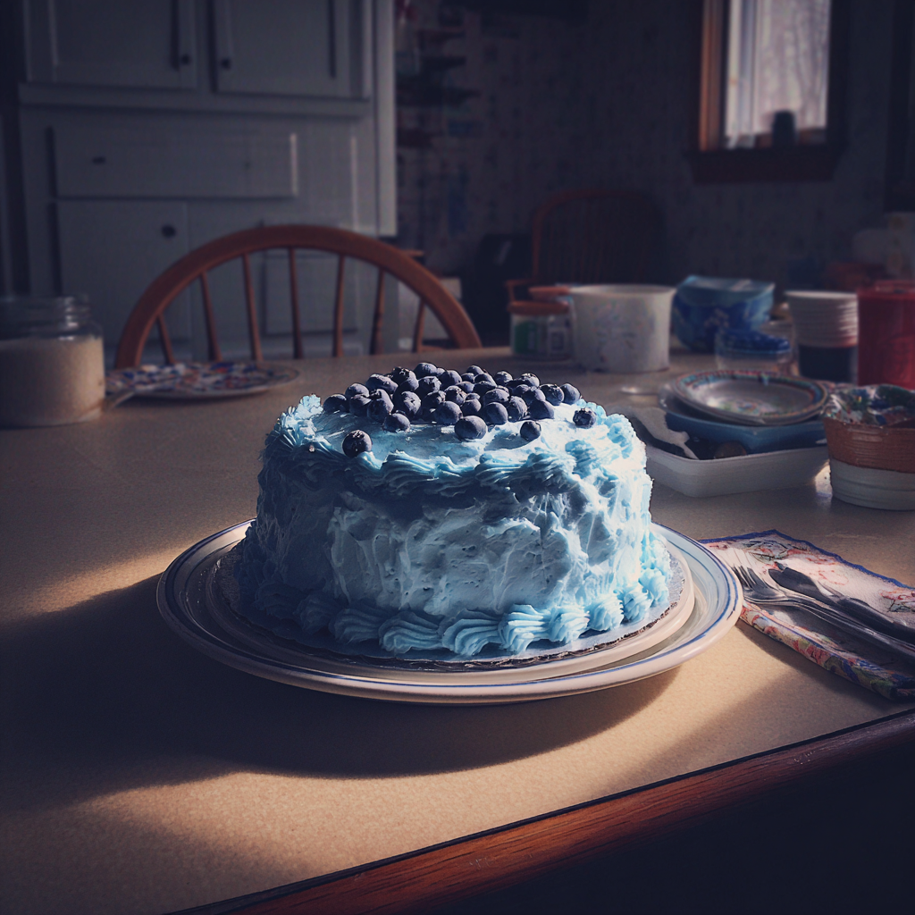 Pastel con glaseado azul y arándanos | Fuente: Midjourney