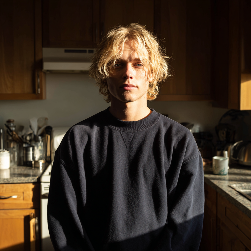 Un joven de pie en una cocina con una sudadera azul marino | Fuente: Midjourney