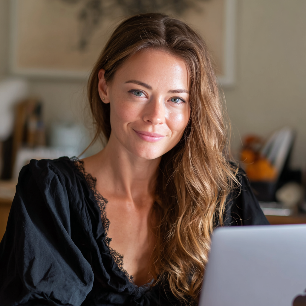 Una mujer sonriente con una blusa negra | Fuente: Midjourney