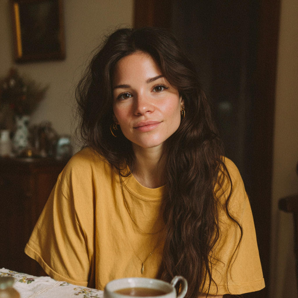 Una mujer sonriente sentada a la mesa del comedor | Fuente: Midjourney