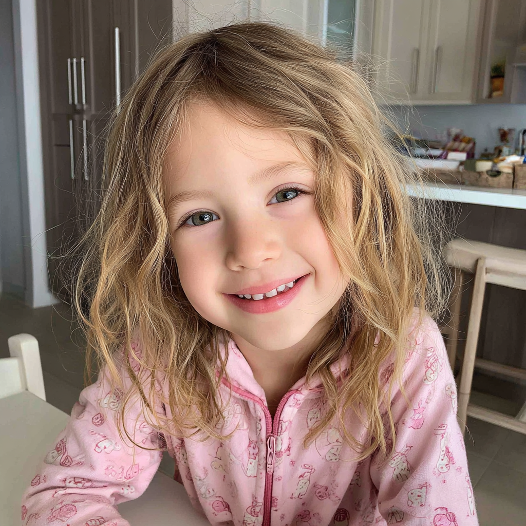 Una niña sonriente con un pijama rosa | Fuente: Midjourney