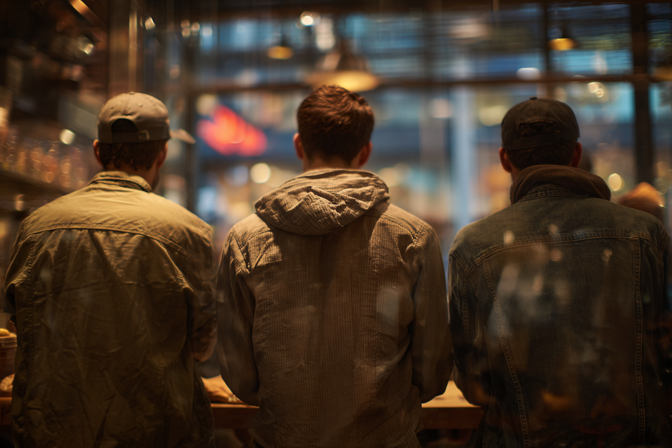 Tres hombres de pie en un café | Fuente: Midjourney