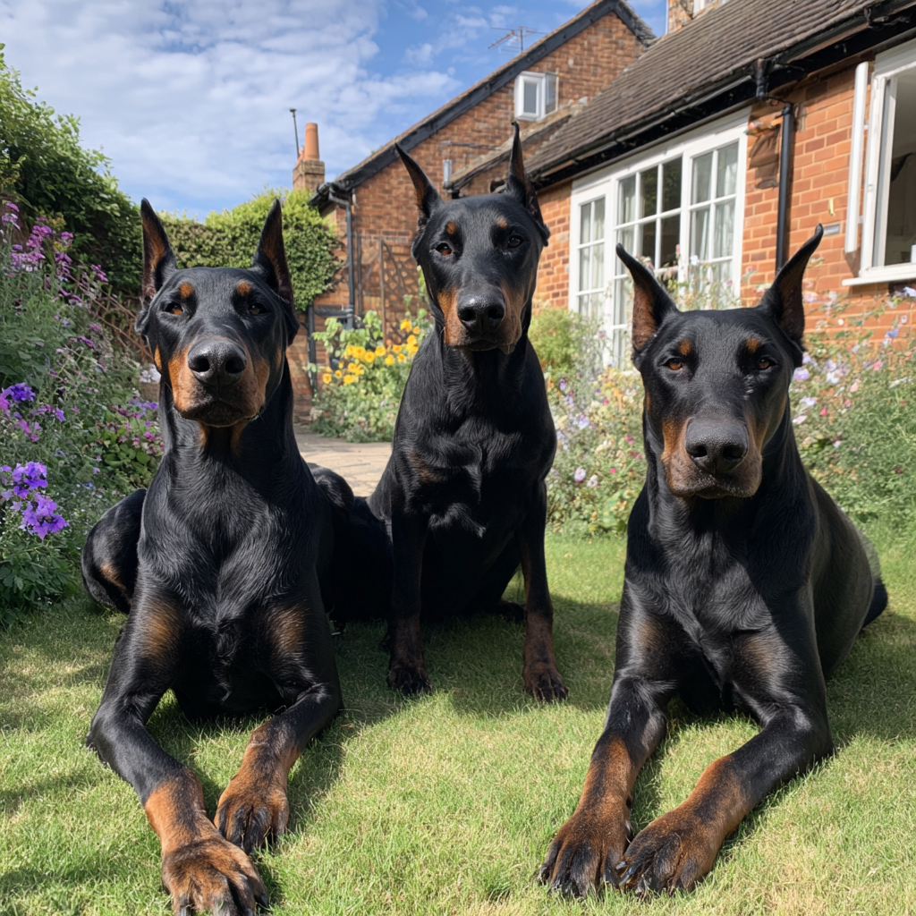 Tres perros sentados en un patio trasero | Fuente: Midjourney