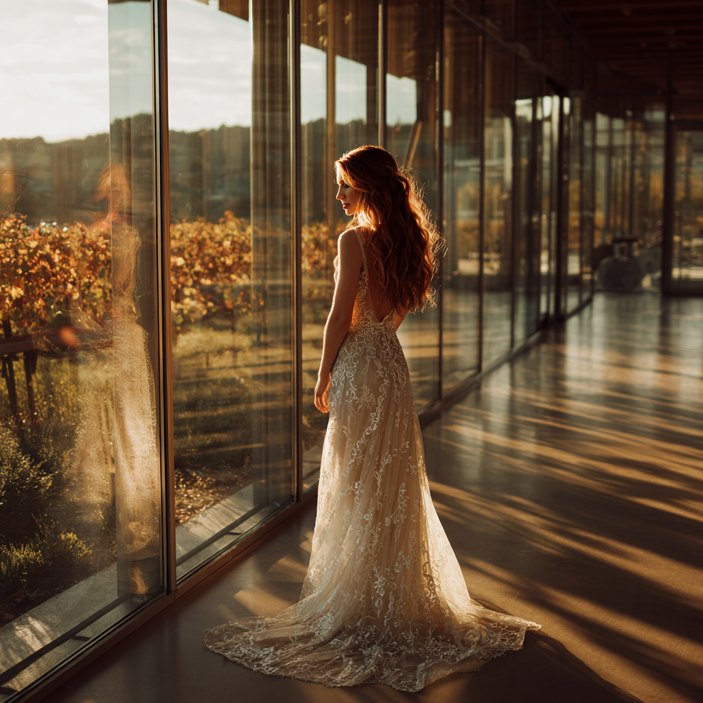 Una novia mirando un viñedo | Fuente: Midjourney