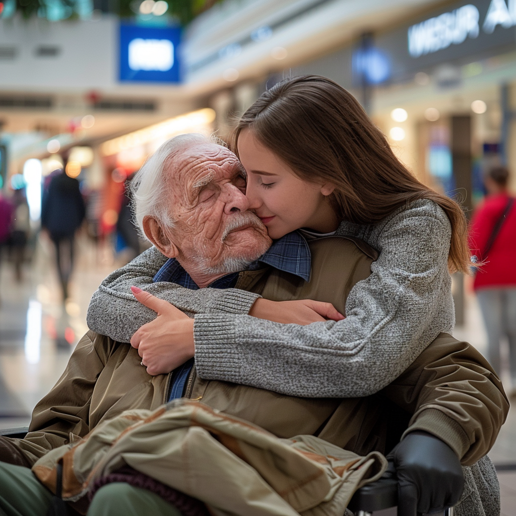 Una joven abraza a su abuelo en silla de ruedas en un centro comercial | Fuente: Midjourney