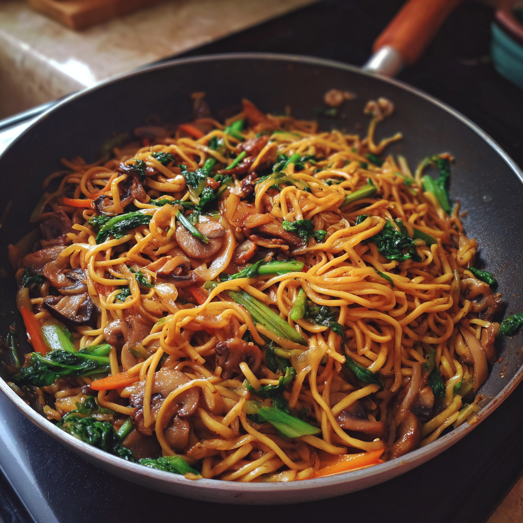 Fideos salteados en una sartén | Fuente: Midjourney