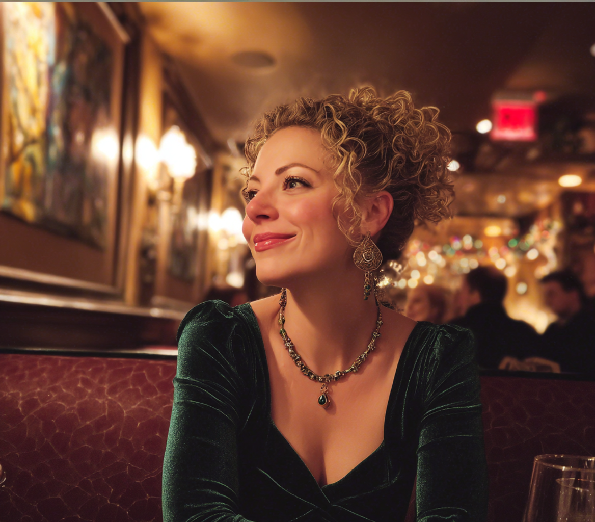 Una mujer sonriente sentada en un restaurante | Fuente: Midjourney