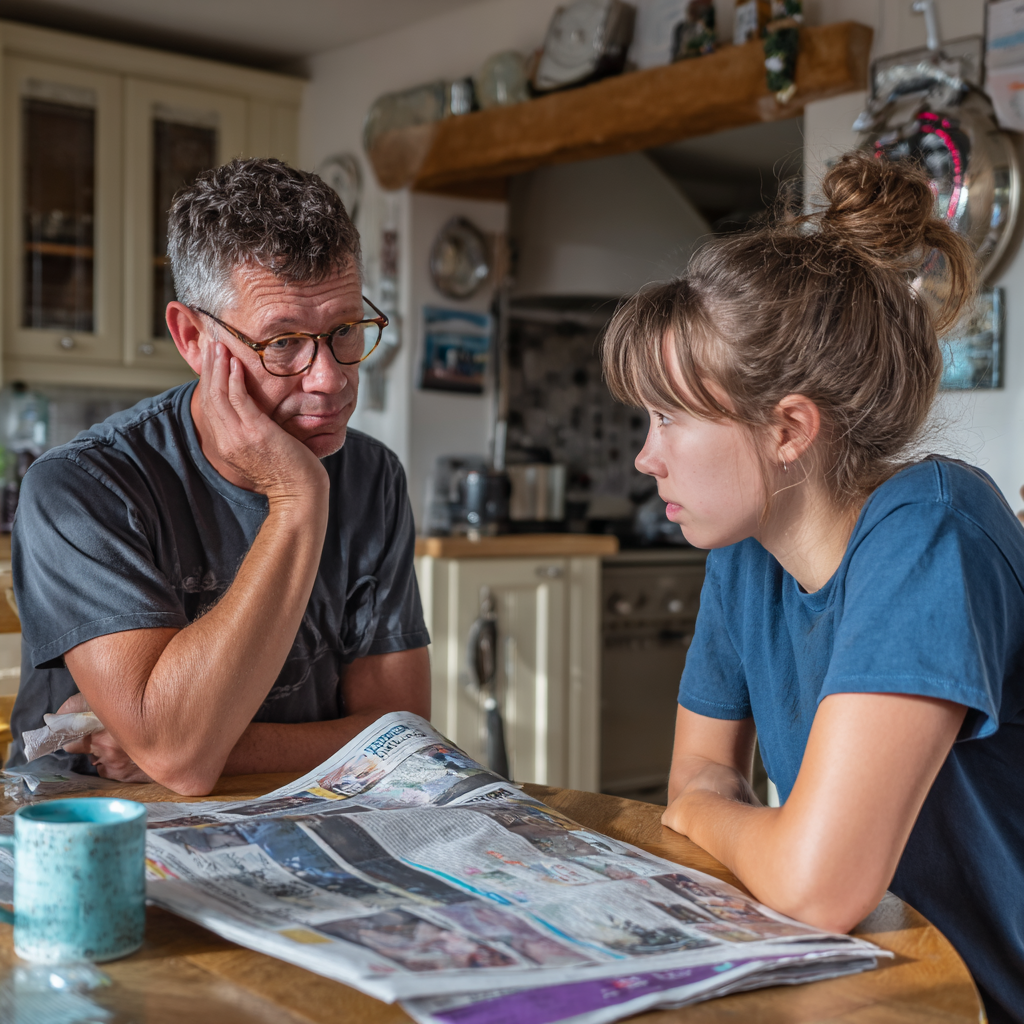 Un padre hablando con su hija | Fuente: Midjourney