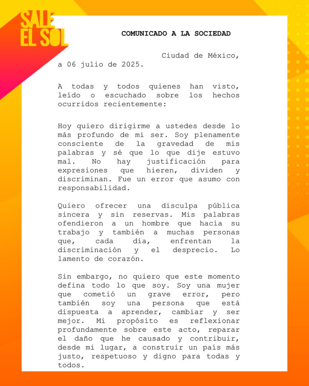 Comunicado de Ximena Pichel tras incidente con oficial en México | Fuente: Instagram/saleelsoltv