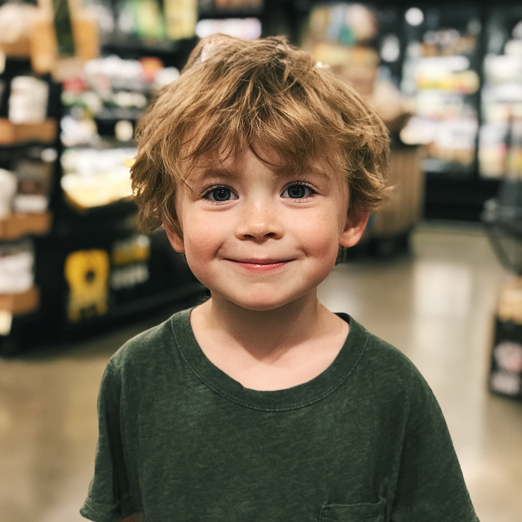 Un niño sonriente en una tienda de comestibles | Fuente: Midjourney