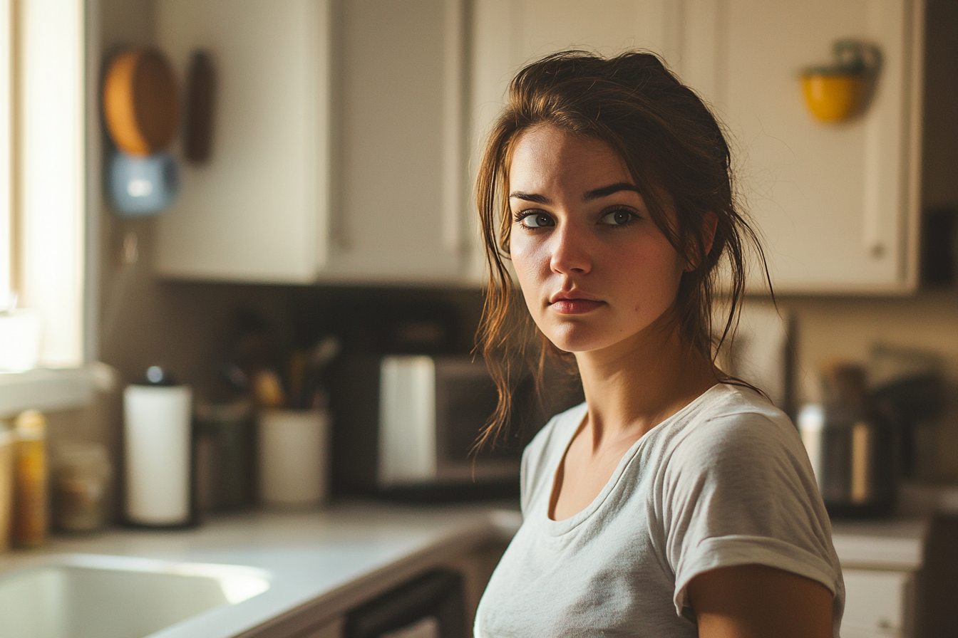 Una mujer en una cocina mirando a alguien | Fuente: Midjourney