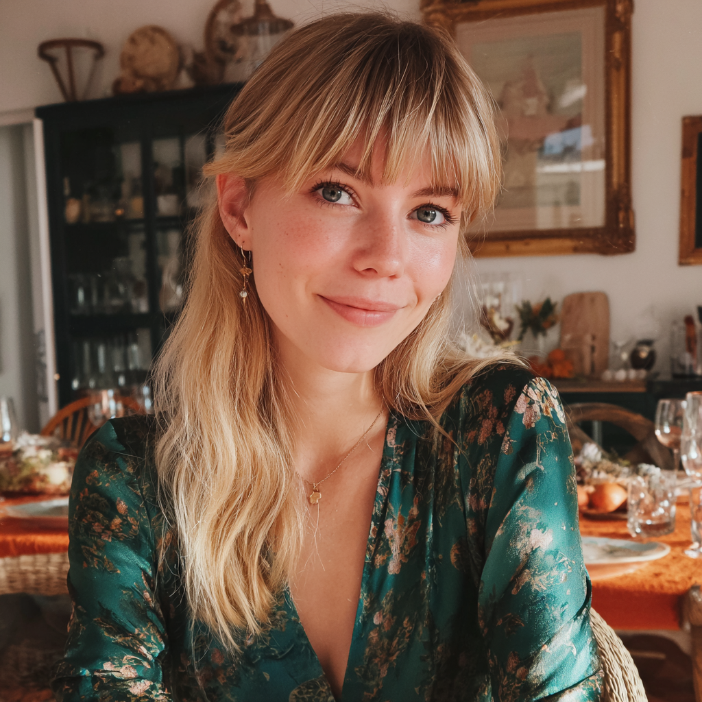 Una mujer sonriente con una blusa verde | Fuente: Midjourney