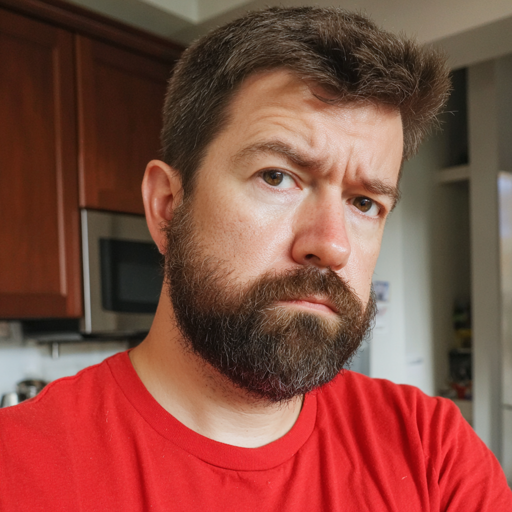 Un hombre ceñudo de pie en una cocina | Fuente: Midjourney