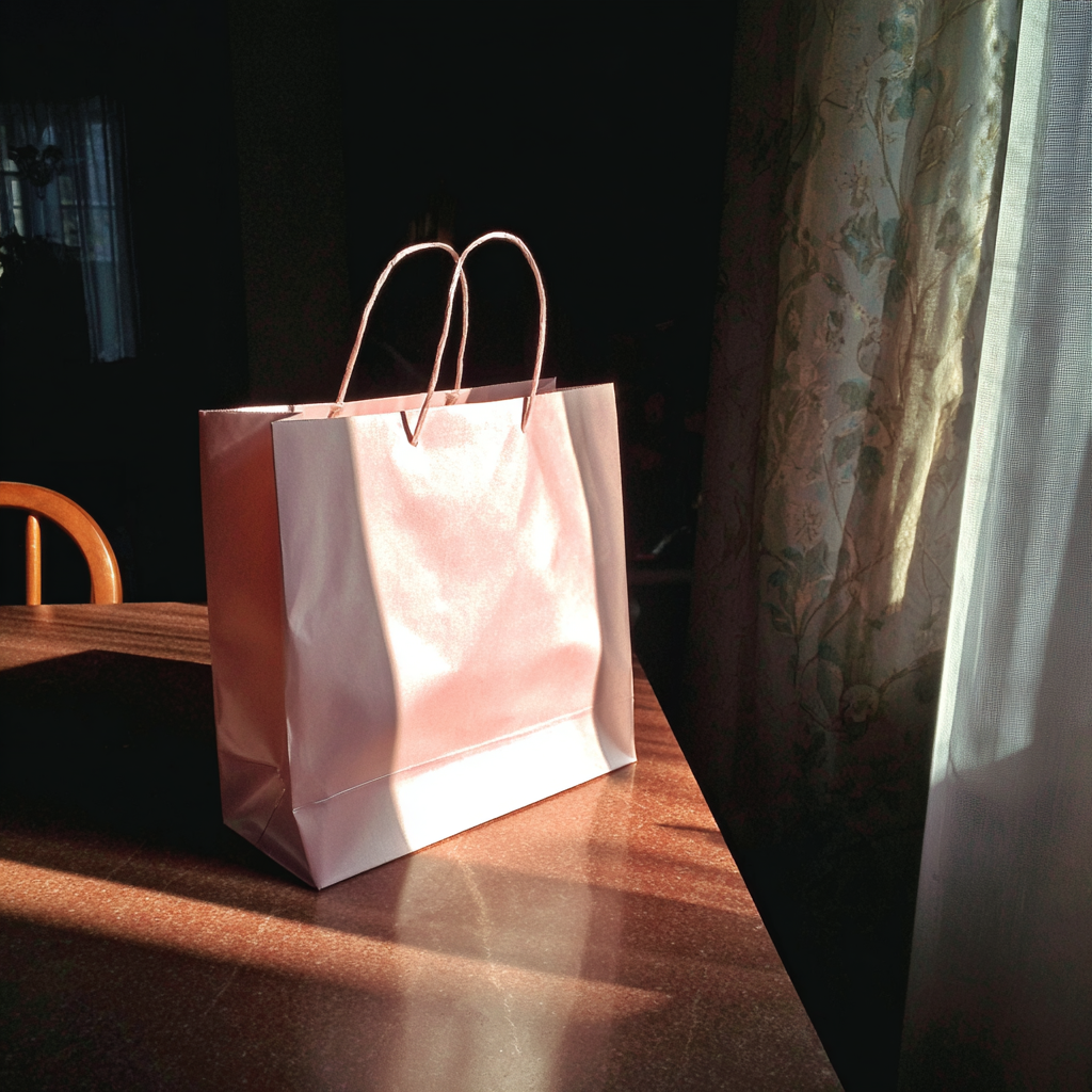 Una bolsa de regalo rosa sobre una mesa | Fuente: Midjourney
