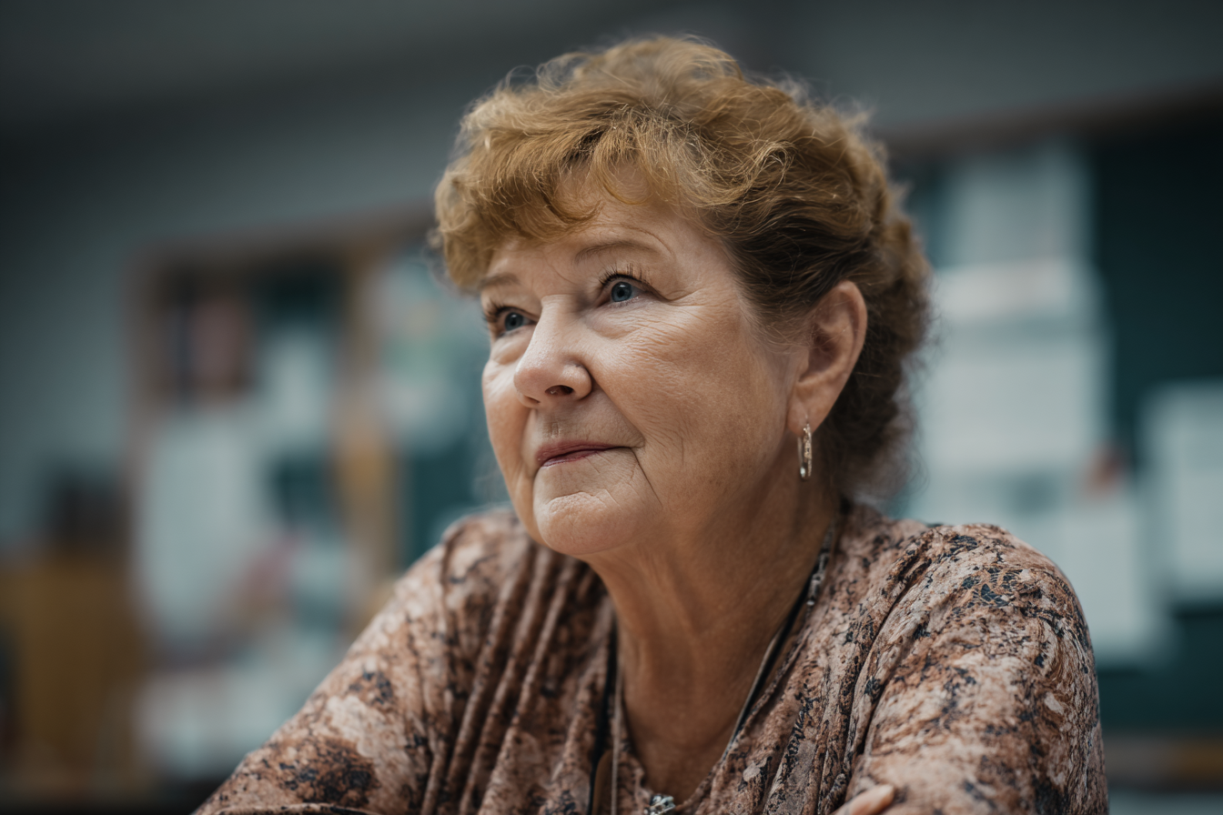 Una mujer sentada en una escuela | Fuente: Midjourney