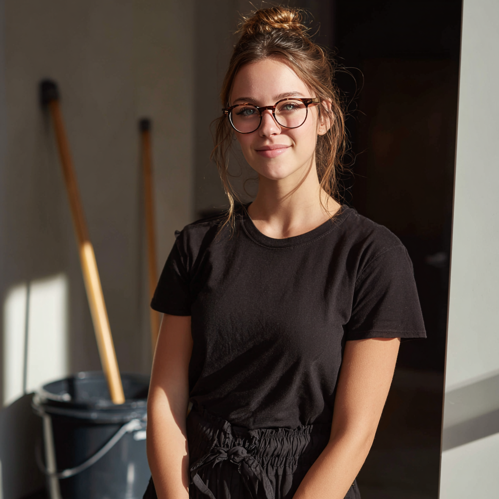 Una joven sonriente con sus útiles de limpieza | Fuente: Midjourney